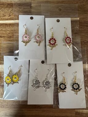 Set of Floral Drop Earrings - Pink, Red, Yellow, Silver & Black Options